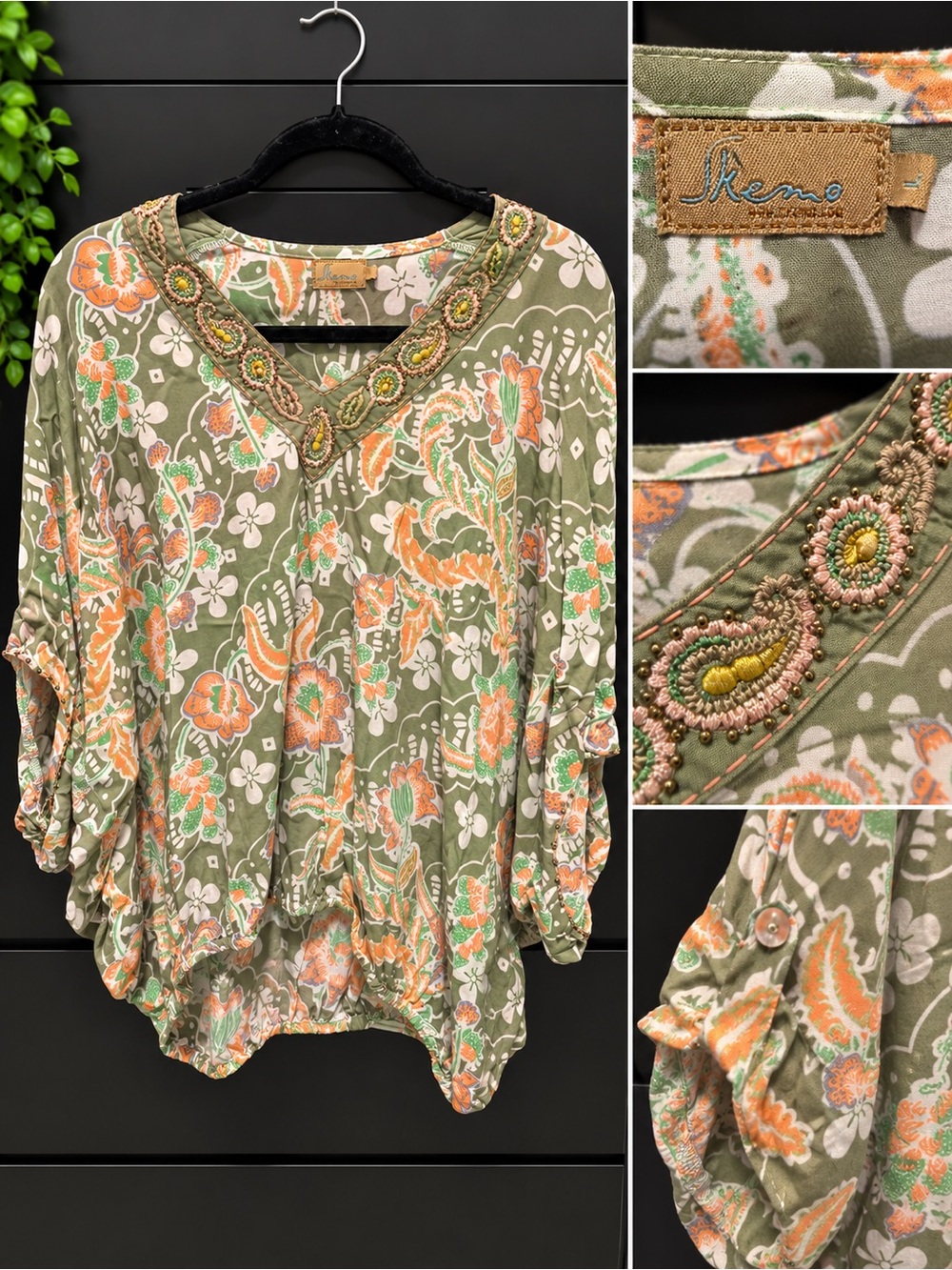 Olive Floral Embroidered V-Neck Peasant Top